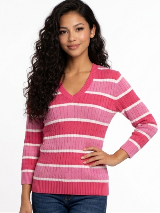 JEANNE PIERRE Sweaters - Jeanne Pierre Pink Striped V-neck Cable Knit 3/4 Sleeve Sweater Size M